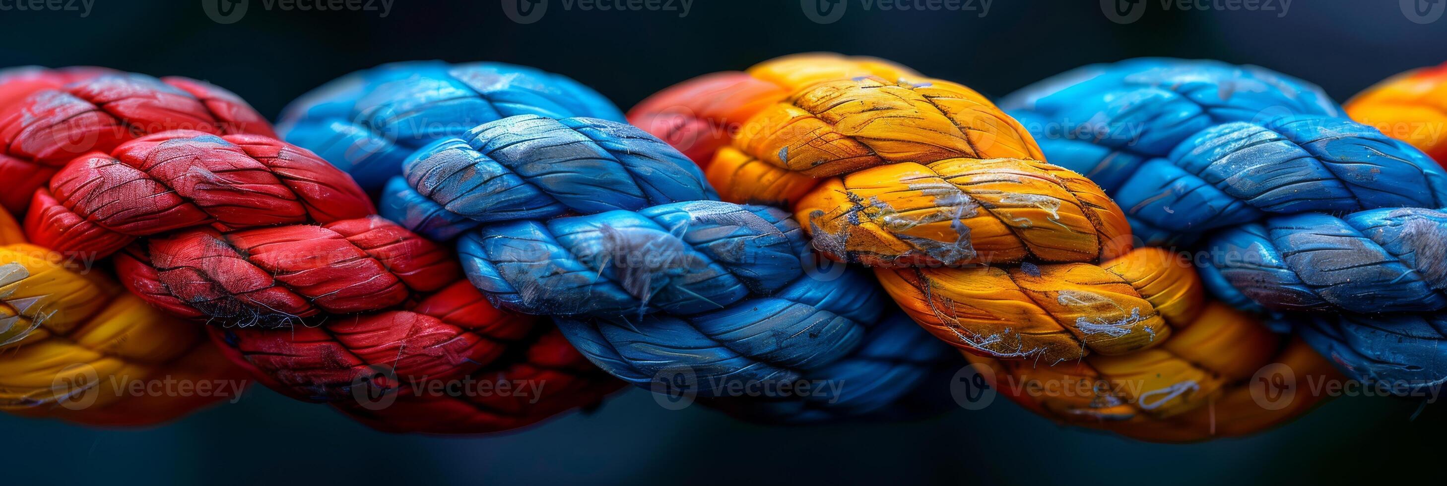 Vibrant braided rope with red, yellow, and blue strands on dark background, showcasing artistic colorful design photo