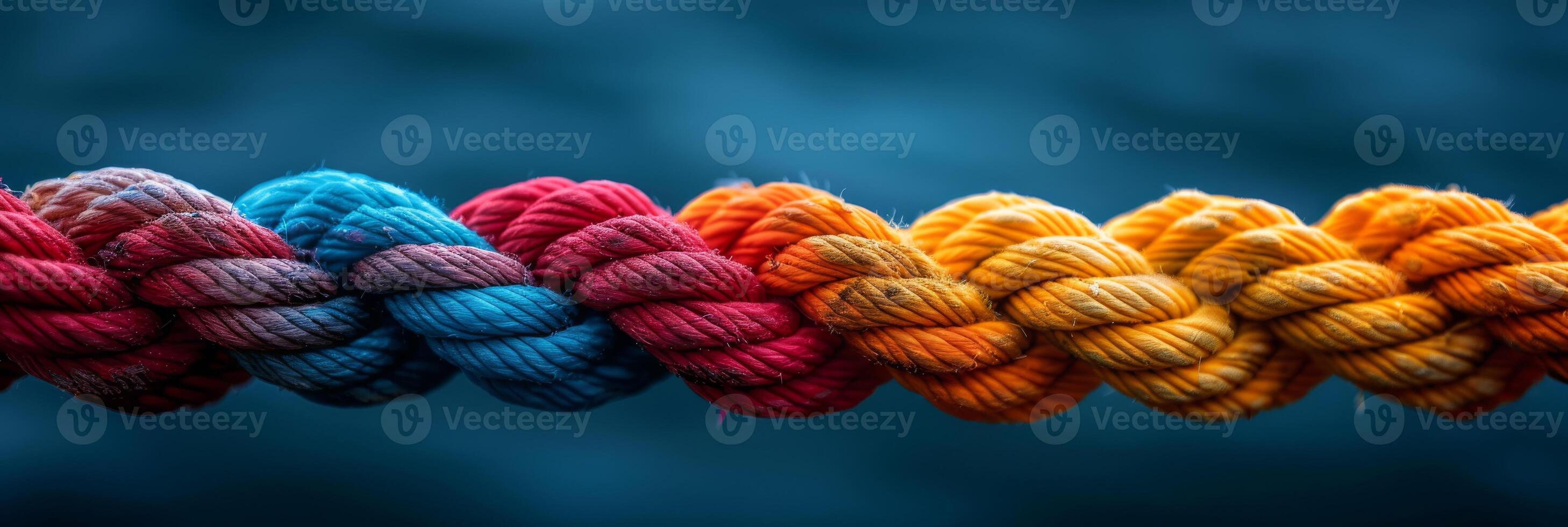 A close-up of a multicolored braided rope featuring gradient shades of blue, pink, orange, and yellow. photo