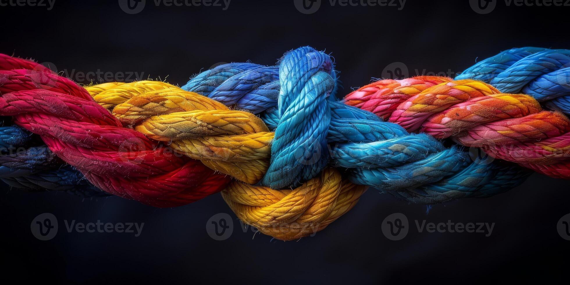 A closeup image of a brightly colored knotted rope symbolizing unity and strength against a dark background photo