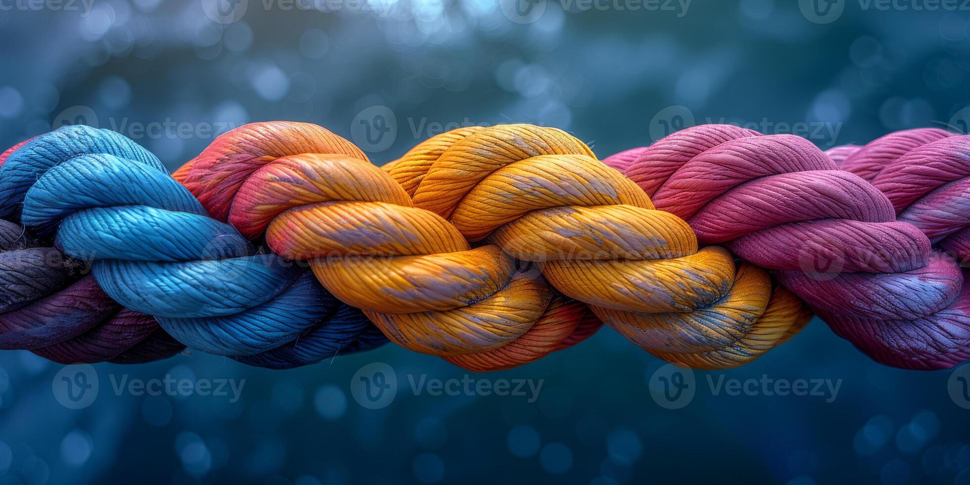 A close-up of a multicolored braided rope featuring gradient shades of blue, pink, orange, and yellow. photo