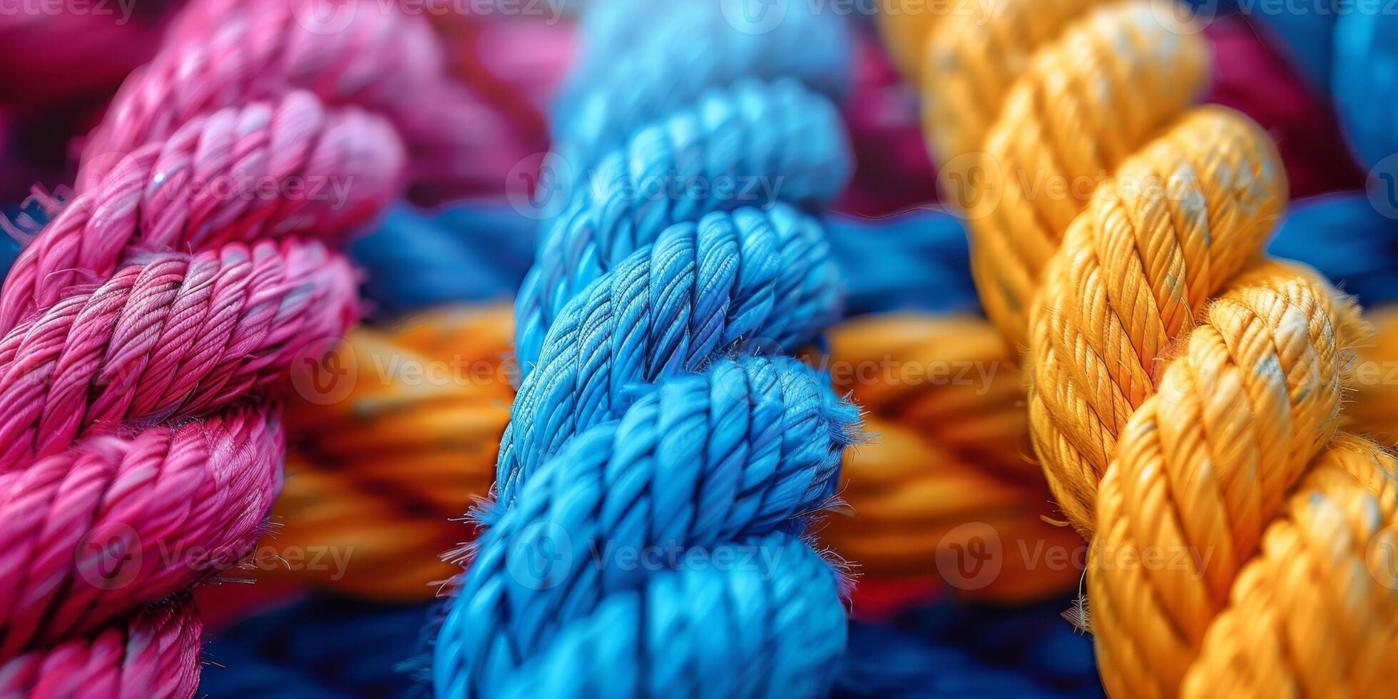 Closeup image of colorful twisted nylon ropes in pink, blue, and orange hues, perfect for backgrounds. photo