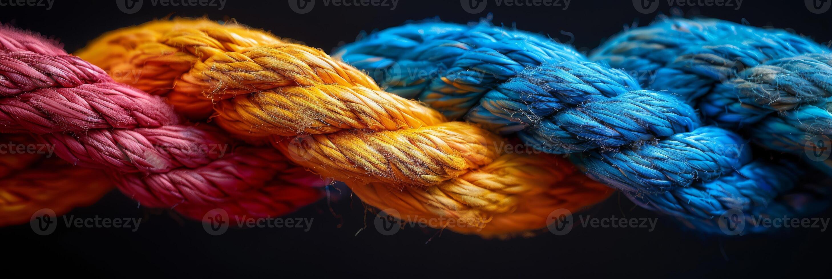 Vibrant braided rope with red, yellow, and blue strands on dark background, showcasing artistic colorful design photo