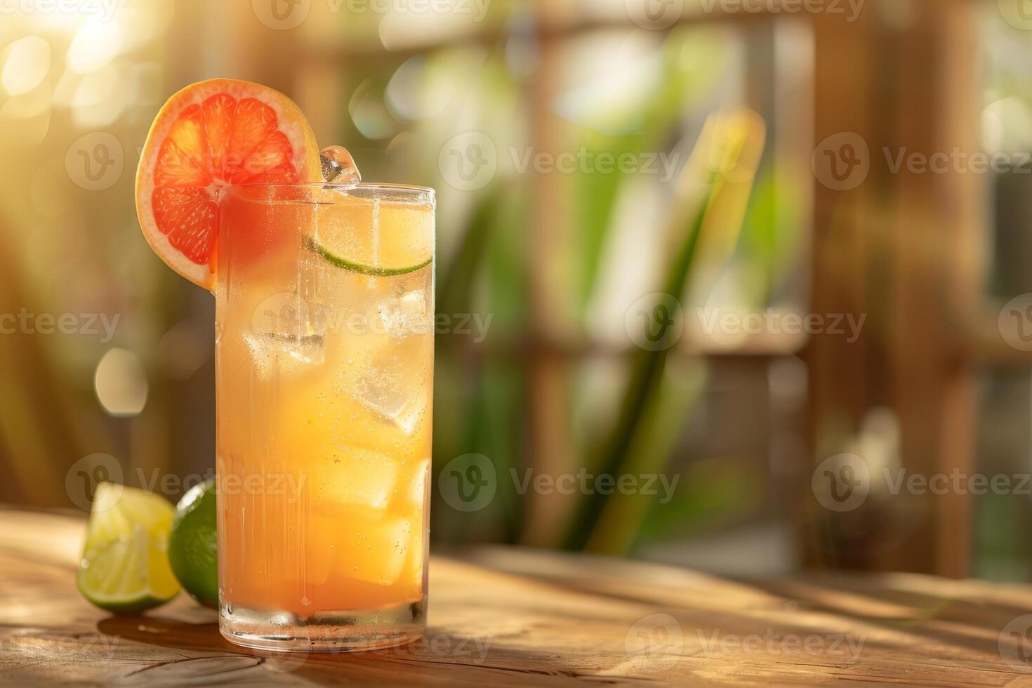 A vintagestyle image showcases a grapefruit cocktail with lime garnish in a retro tropical setting under sunlight, evoking a cozy and delicious atmosphere perfect for relaxation and enjoyment photo