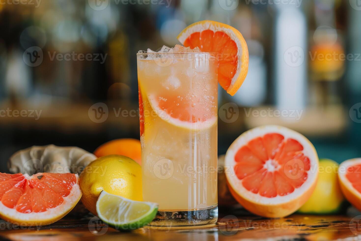 A refreshing cocktail, with grapefruit and citrus fruits, served in a vintage style, perfect for a summer day. Its a festive, colorful, and delicious drink that adds a retro touch to any celebration photo