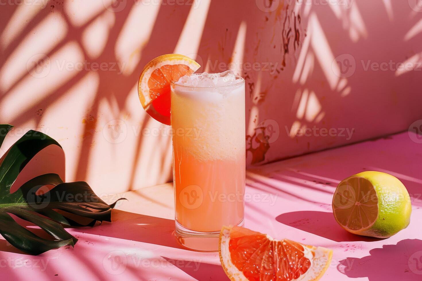 Immerse yourself in a refreshing citrus cocktail with a retro vintage feel, set against a lively pink backdrop, evoking a trendy and imaginative summer look with tropical accents and shaded elements photo