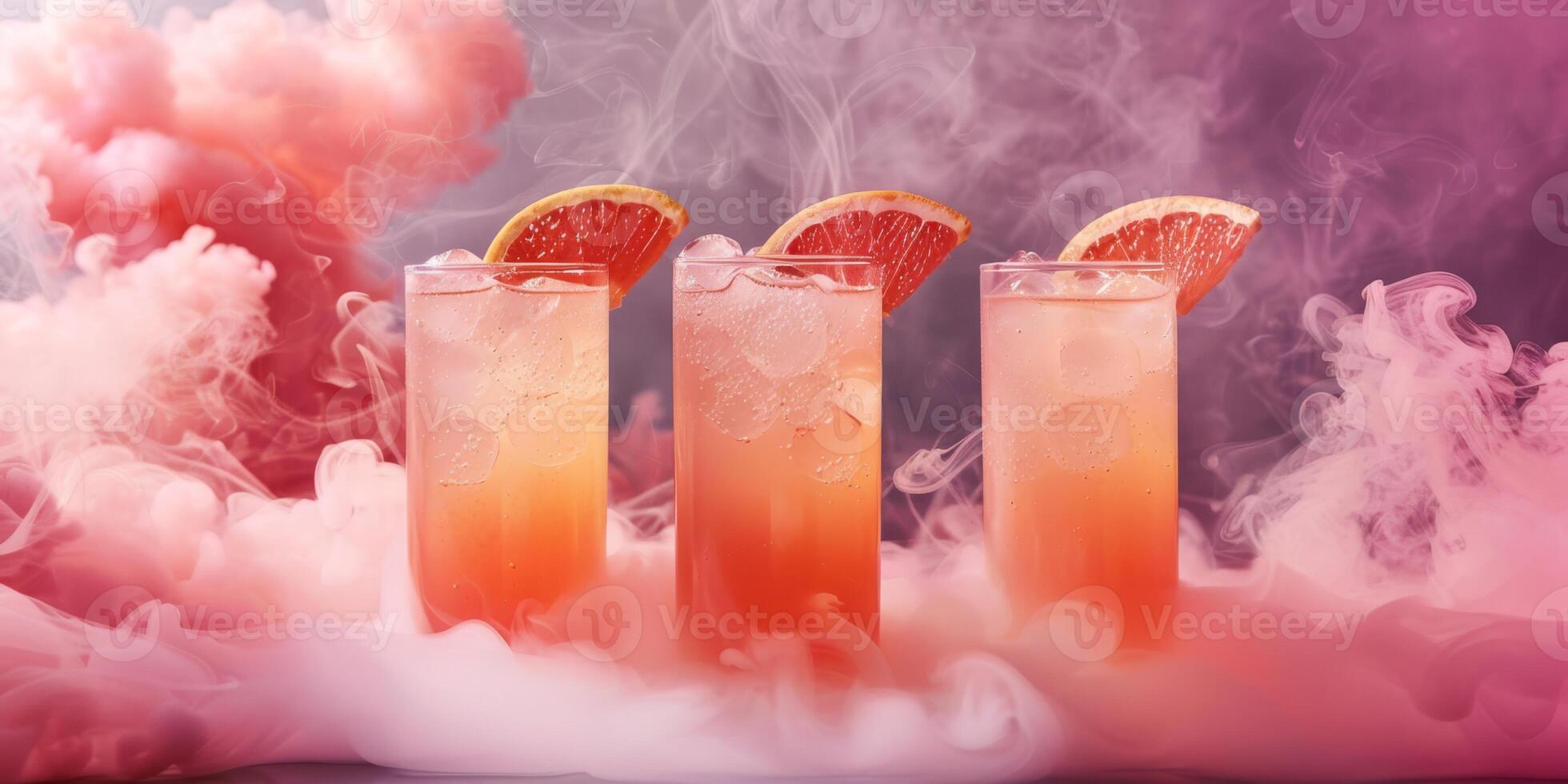 A retro foggy background showcases three stylish grapefruit cocktails in tall glasses with grapefruit halves, creating an exquisite and vintage setting with an artistic and evocative feel photo