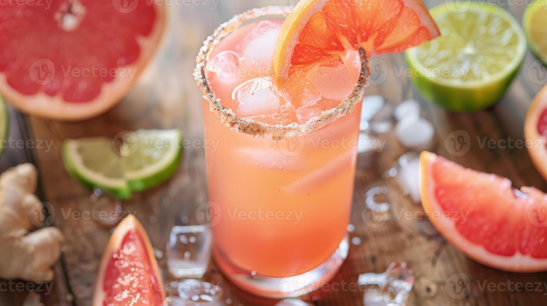 Chilled grapefruit cocktail with ice, garnished with a slice of grapefruit, surrounded by fresh citrus fruits. photo