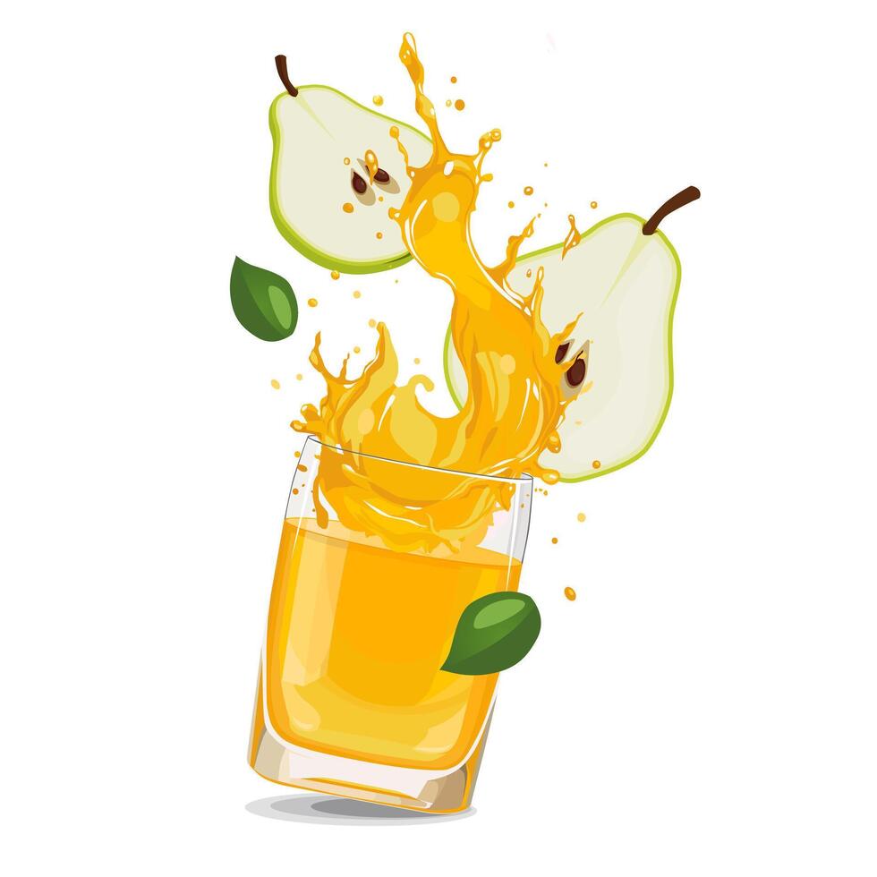 Splashes of yellow freshly and healthy pear juice with fruit slices and green leaves. clipart in flat style with drink isolated on white background for card, banner, flyer, design vector