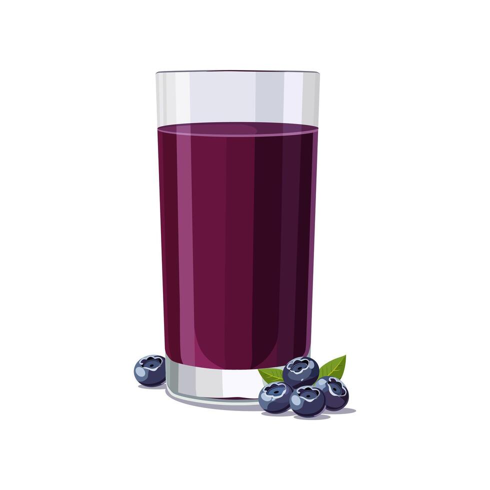 Full glass of purple freshly and healthy squeezed blueberry juice isolated on white background. illustration in flat style with dietary drink. Summer clipart for card, banner, flyer, poster design vector