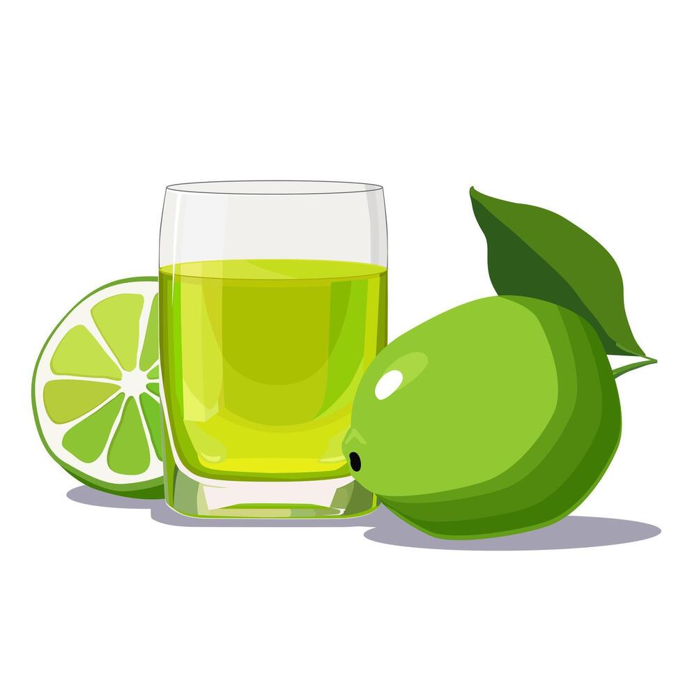 Full glass of green freshly and healthy squeezed lime juice isolated on white background. illustration in flat style with citrus drink. Summer clipart for card, banner, flyer, poster design vector