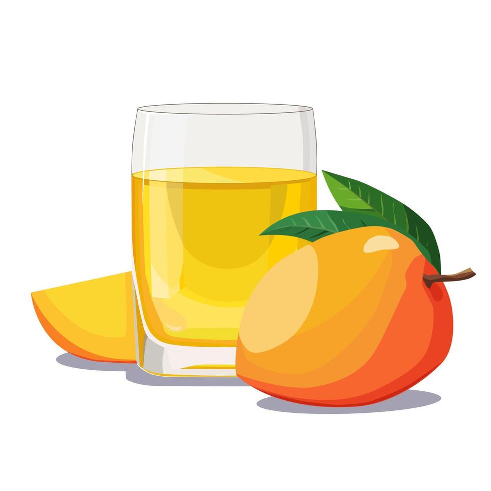 Full glass of yellow freshly and healthy squeezed mango juice isolated on white background. illustration in flat style with tropical drink. Summer clipart for card, banner, flyer, poster design vector