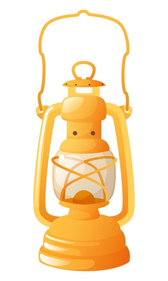 Kerosene lamp, oil lantern with wick, yellow retro camping lamp. Old oil lamp for a hike, expedition, summer camp. Portable flare for garden and outdoor camping. Safe equipment for miners vector