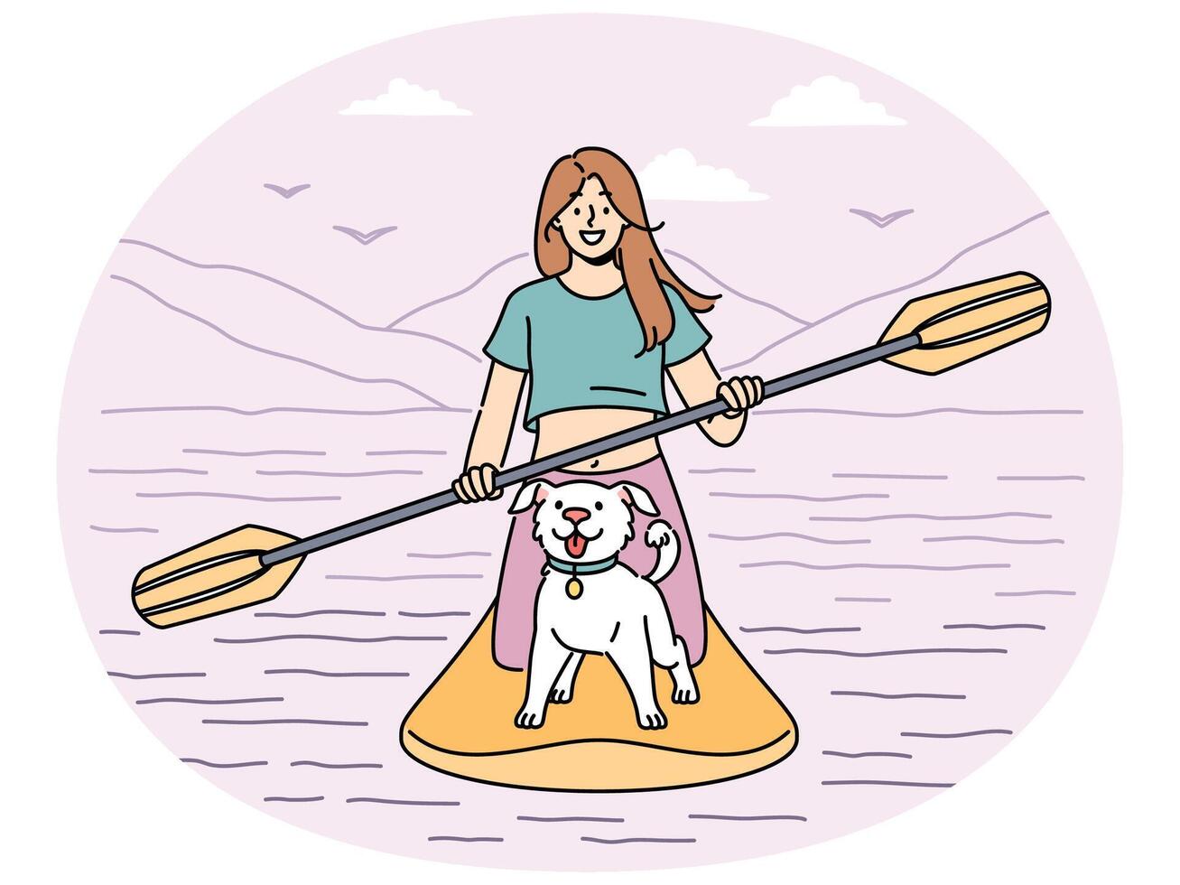 Smiling woman with dog sail on paddle board vector