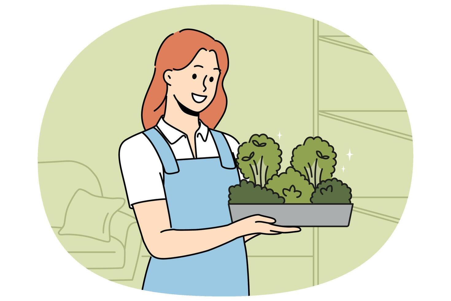 Smiling woman with microgreen container in hands vector