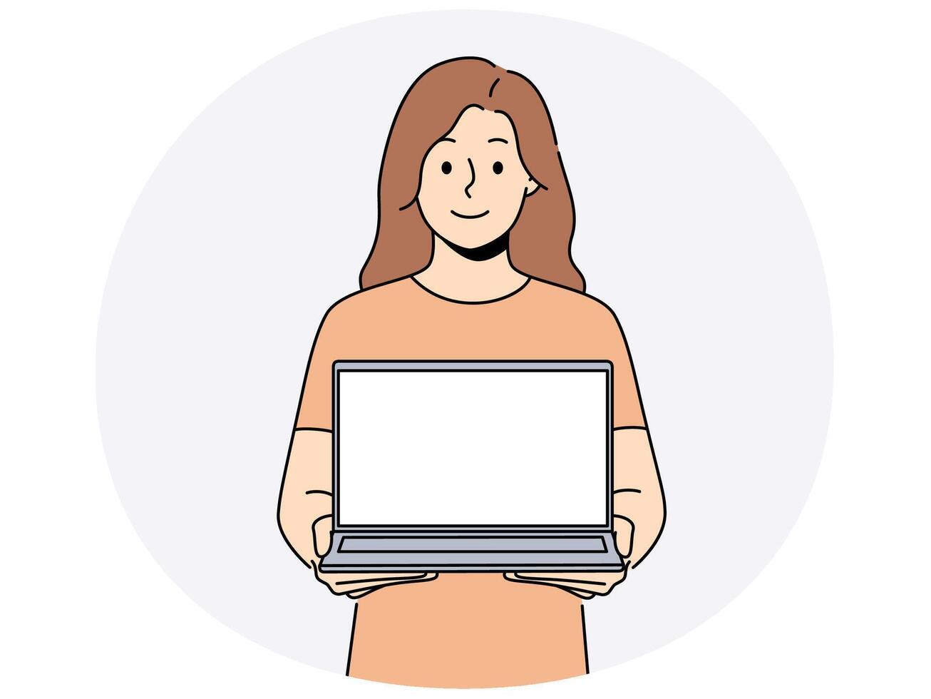 Smiling woman with open mockup laptop vector