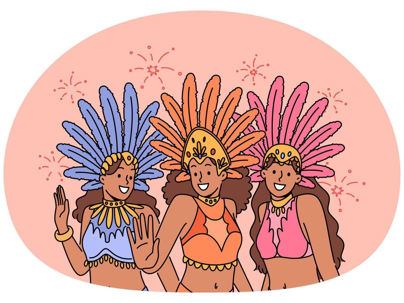 Women in colorful costumes dance on carnival vector