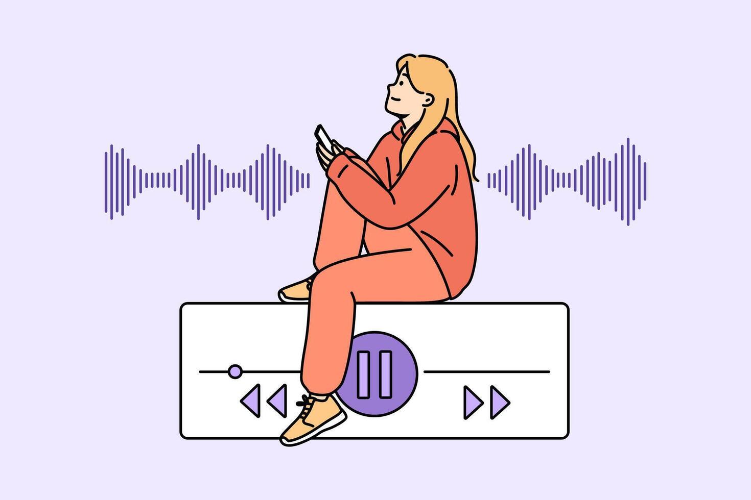 Teenage woman listens to music on phone while sitting near equalizer on buttons to control playlist vector