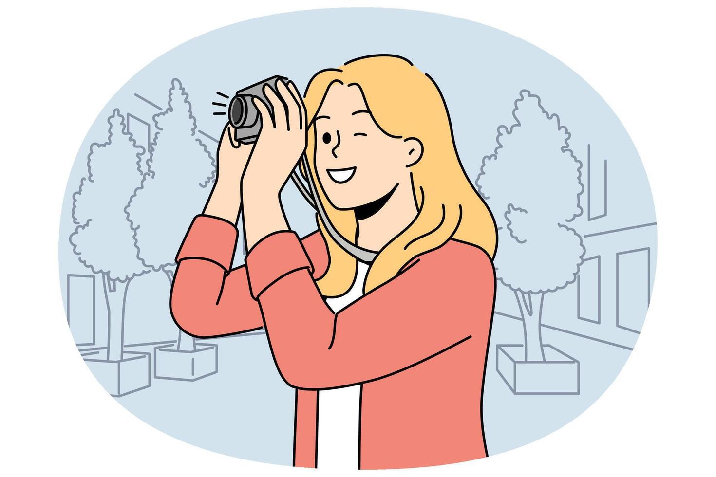 Smiling woman make photos with camera vector