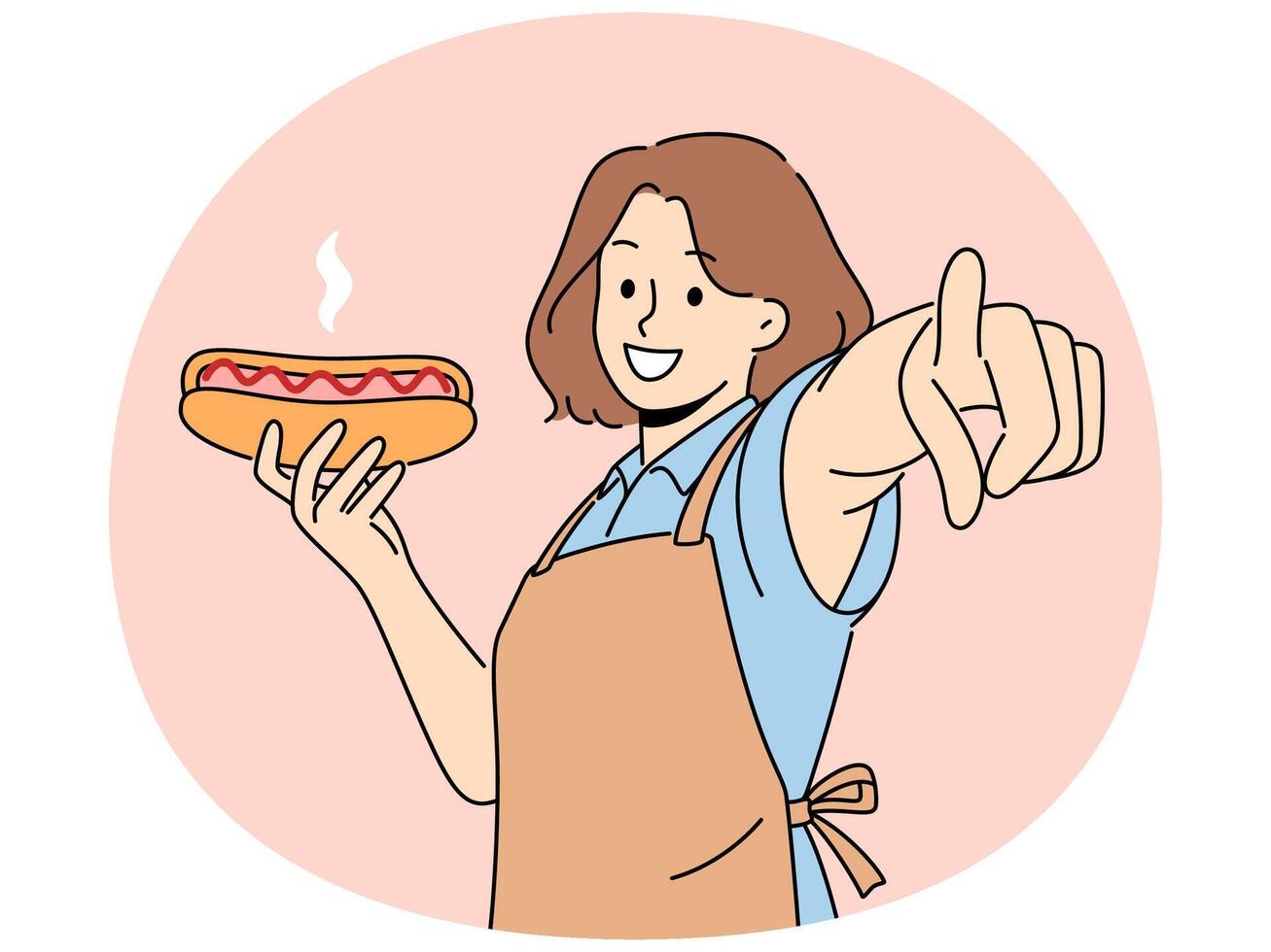 Smiling woman hold hot dog point at screen vector