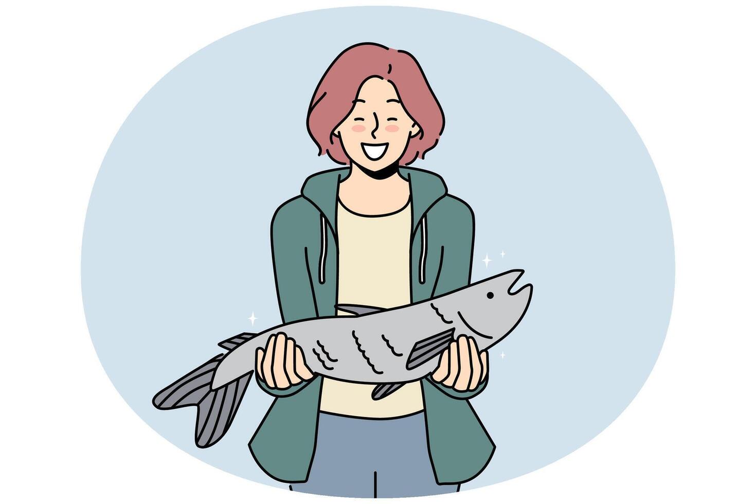 Smiling woman with fish haul in hands vector