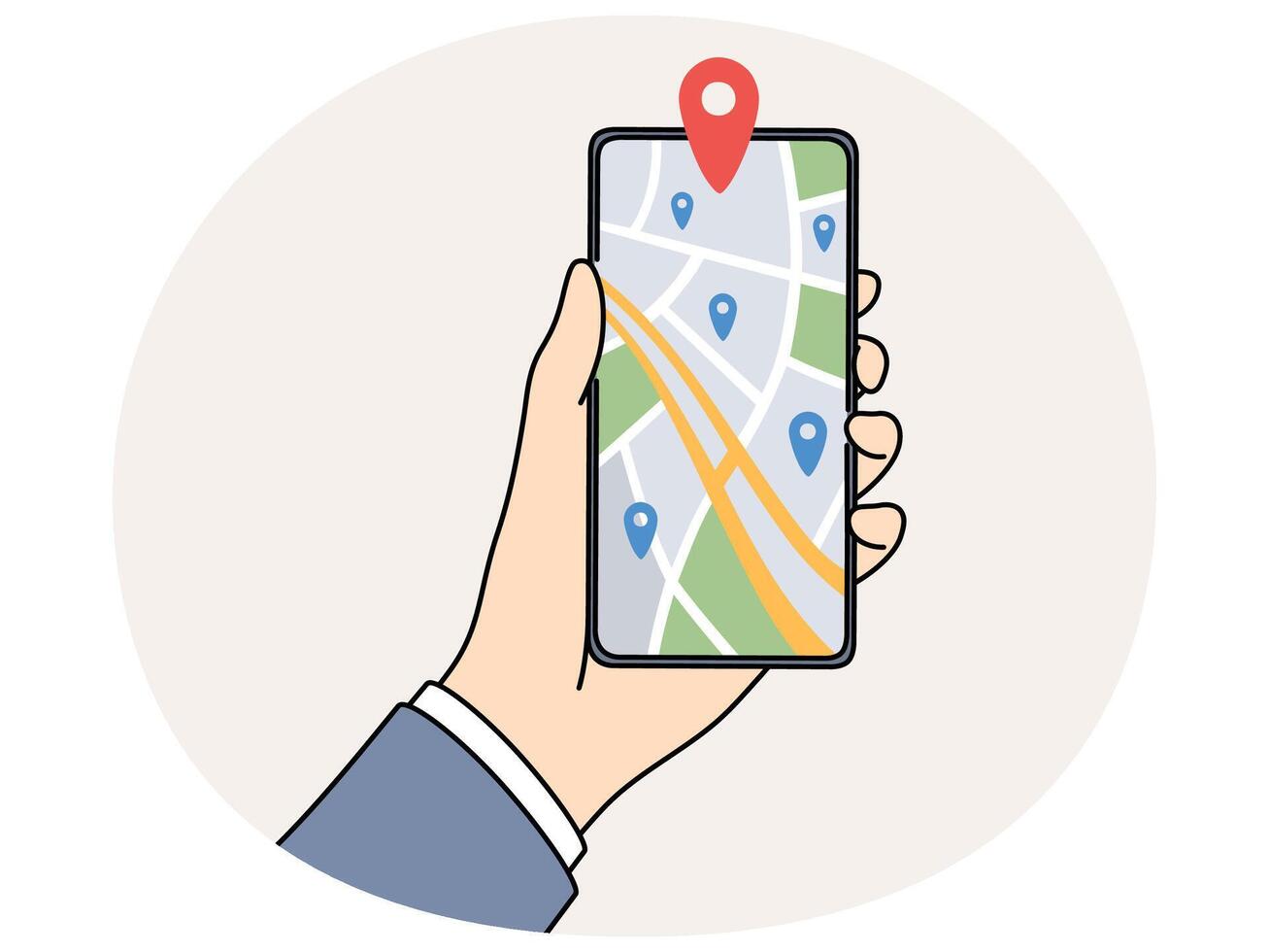 Person holding mobile with GPS tracker on map vector