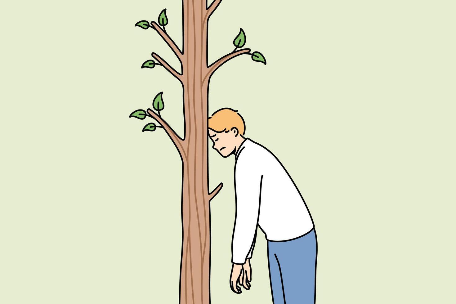 Tired man rests forehead on tree to rest after long walk in fresh air, stands alone in forest vector