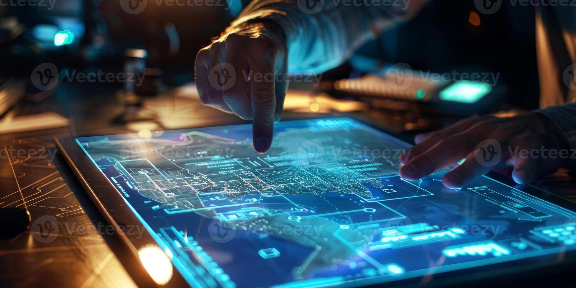 In a studio, an artist uses a graphic tablet for detailed map illustrations, showcasing craftsmanship and creativity photo