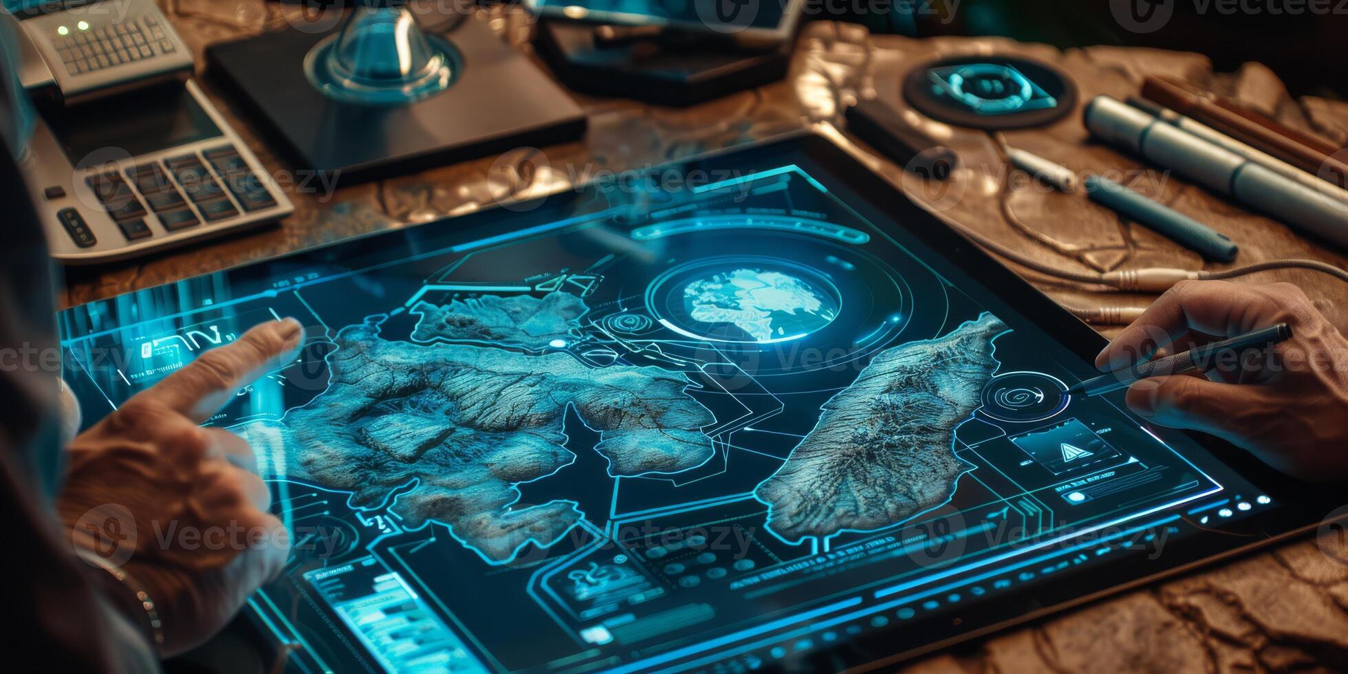 In a studio, an artist uses a graphic tablet for detailed map illustrations, showcasing craftsmanship and creativity photo