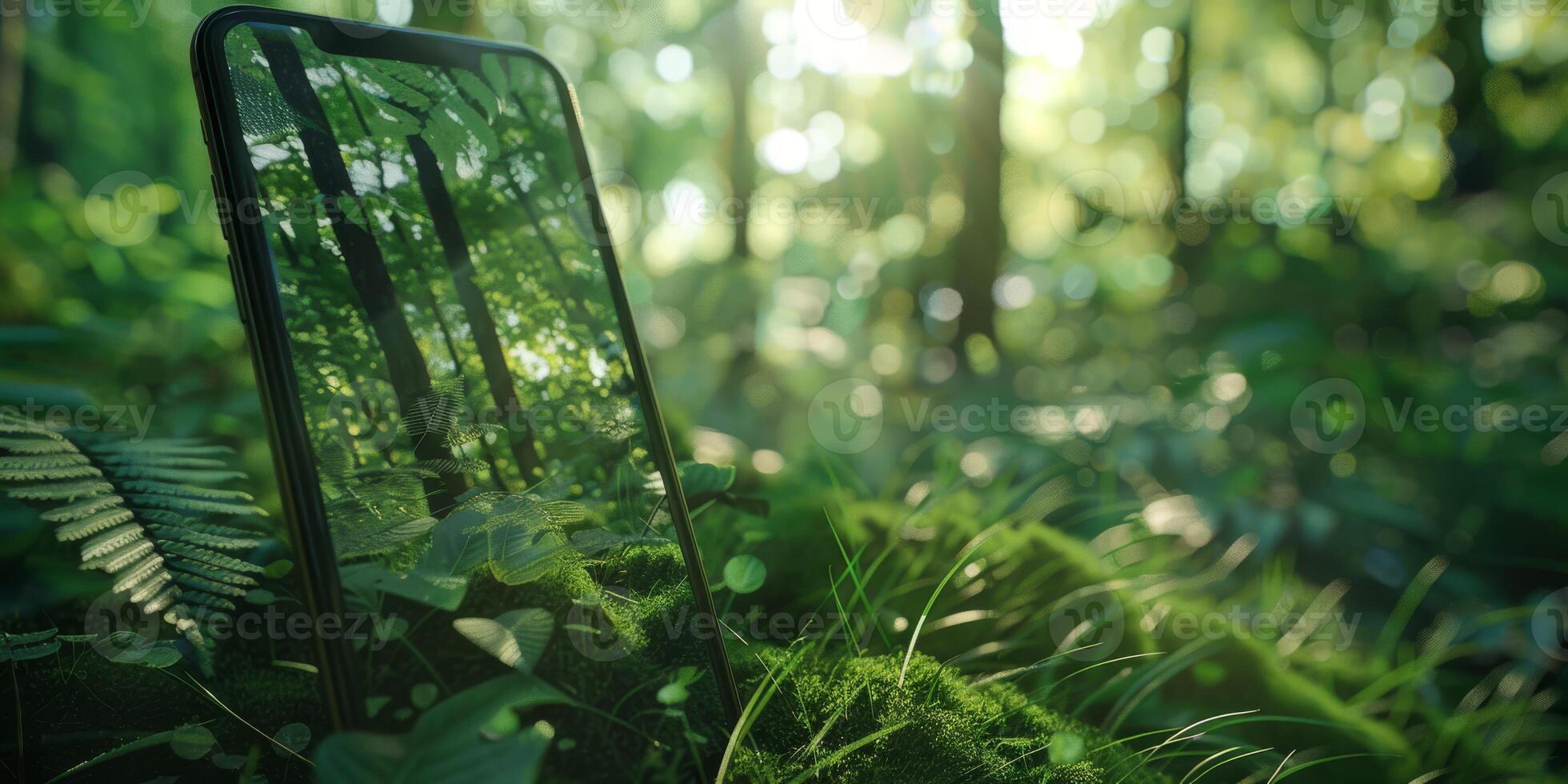 A smartphone is seamlessly integrated into a lush forest, symbolizing the harmonious meeting of technology and nature photo