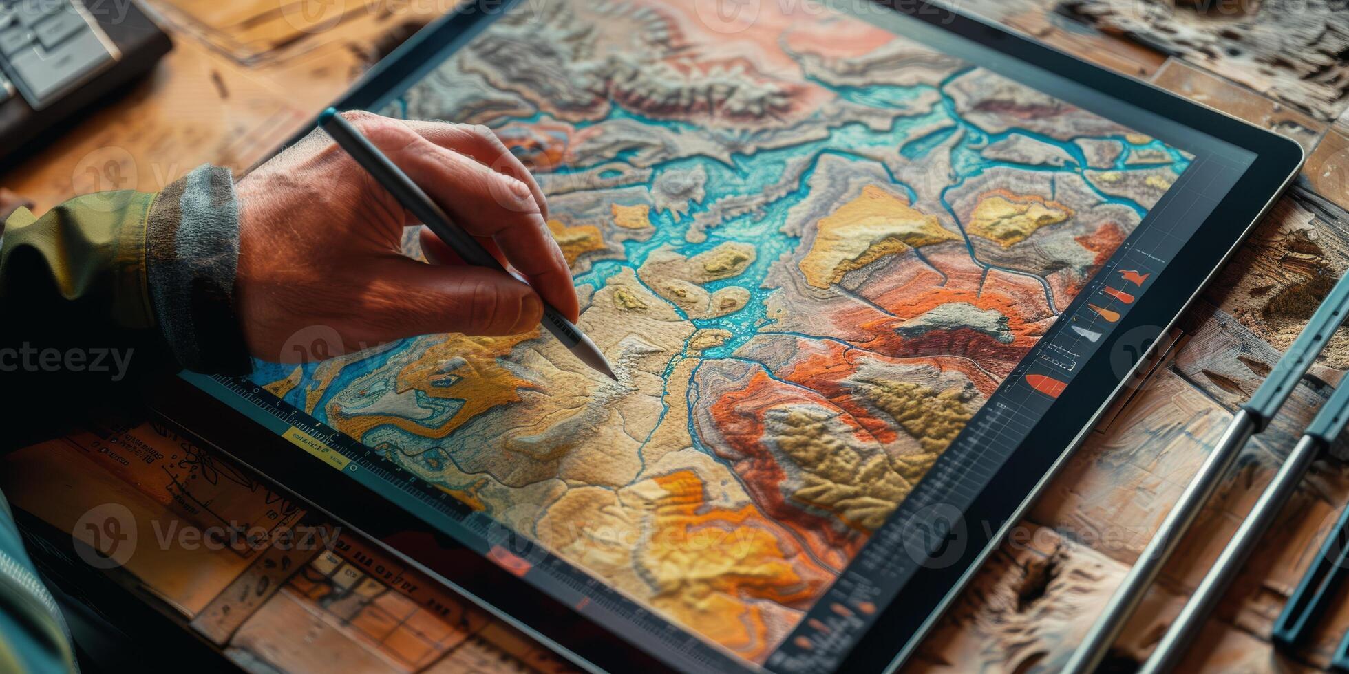 In a studio, an artist uses a graphic tablet for detailed map illustrations, showcasing craftsmanship and creativity photo