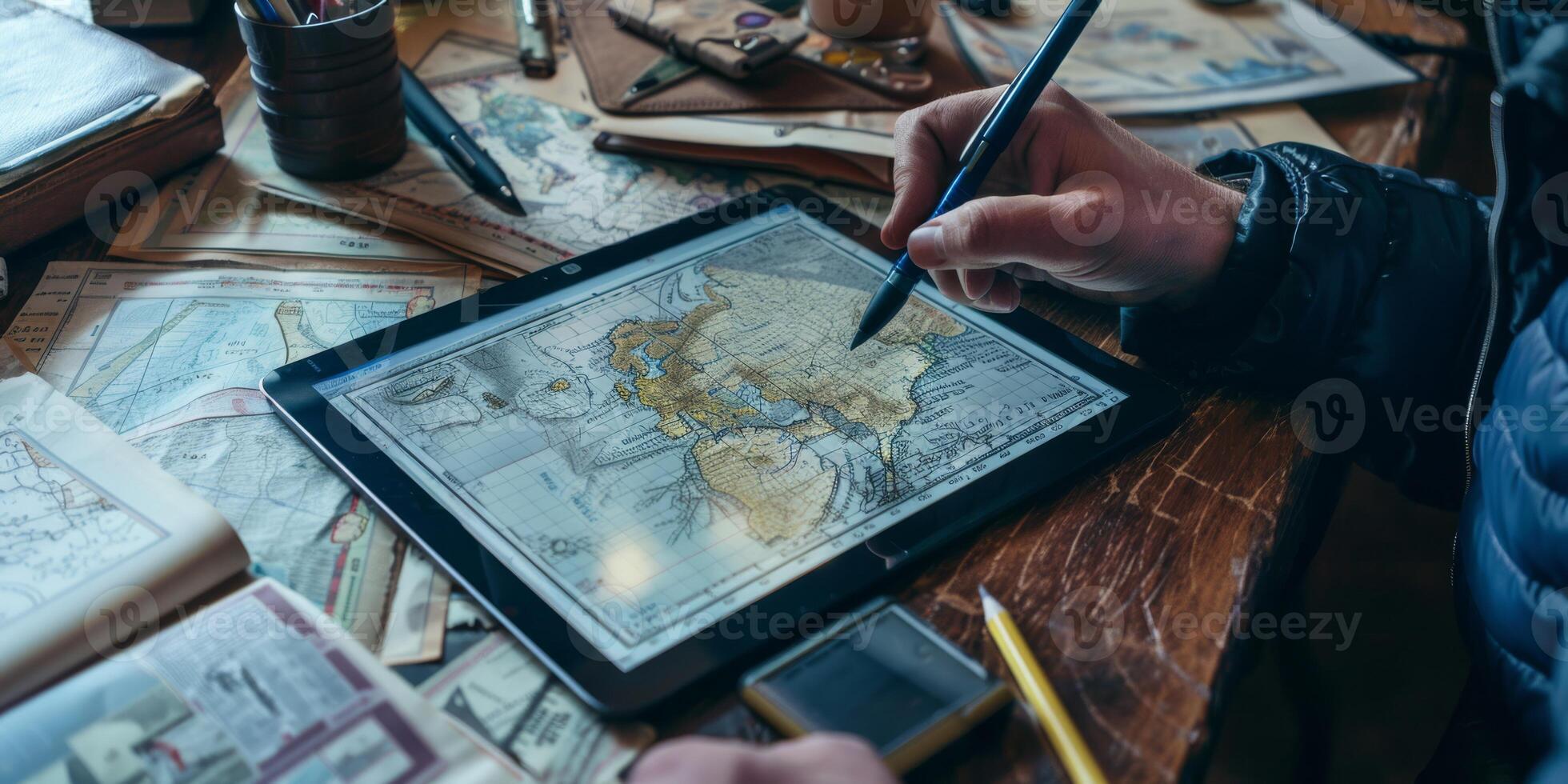 In a studio, an artist uses a graphic tablet for detailed map illustrations, showcasing craftsmanship and creativity photo