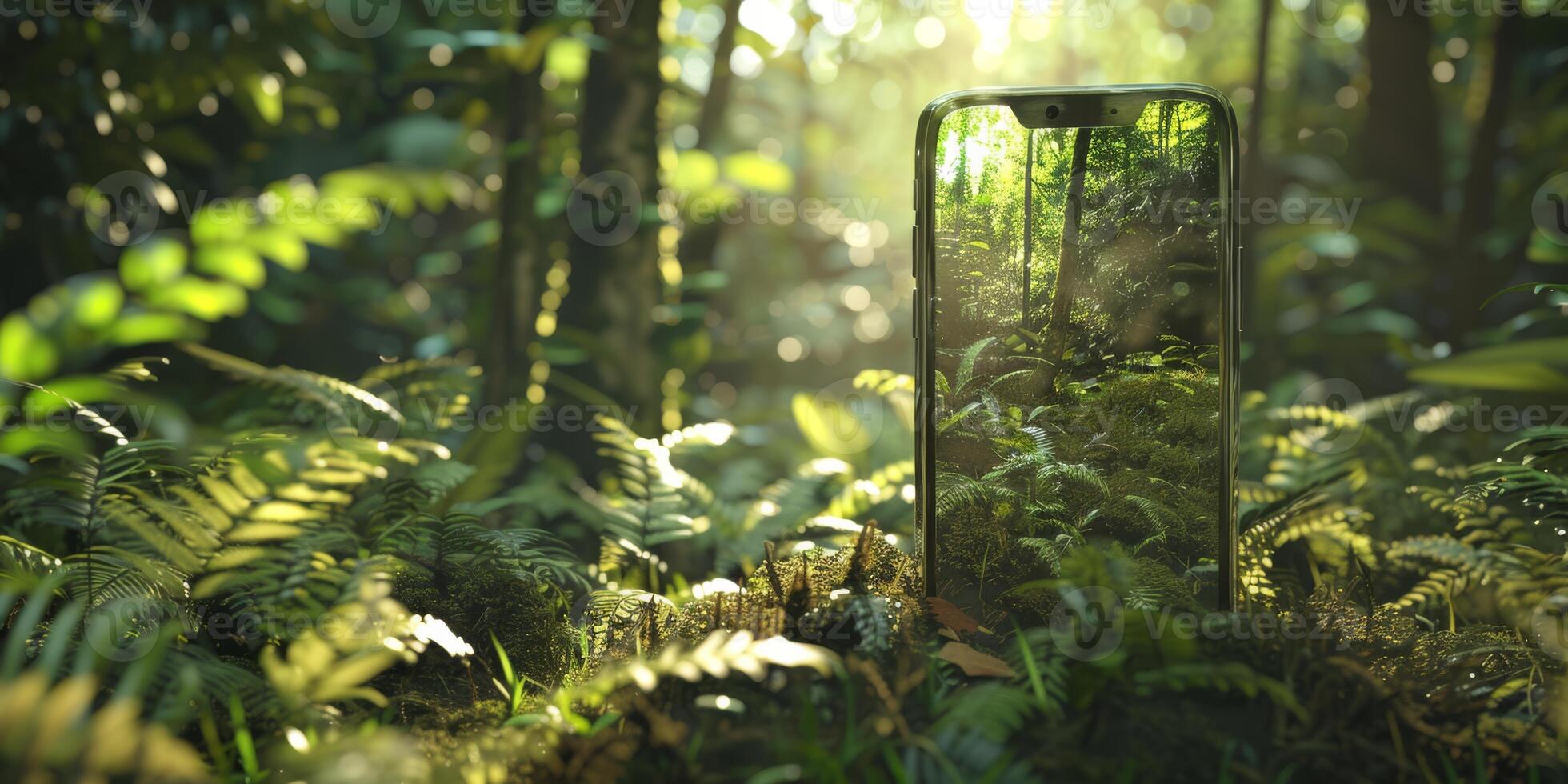 A smartphone is seamlessly integrated into a lush forest, symbolizing the harmonious meeting of technology and nature photo