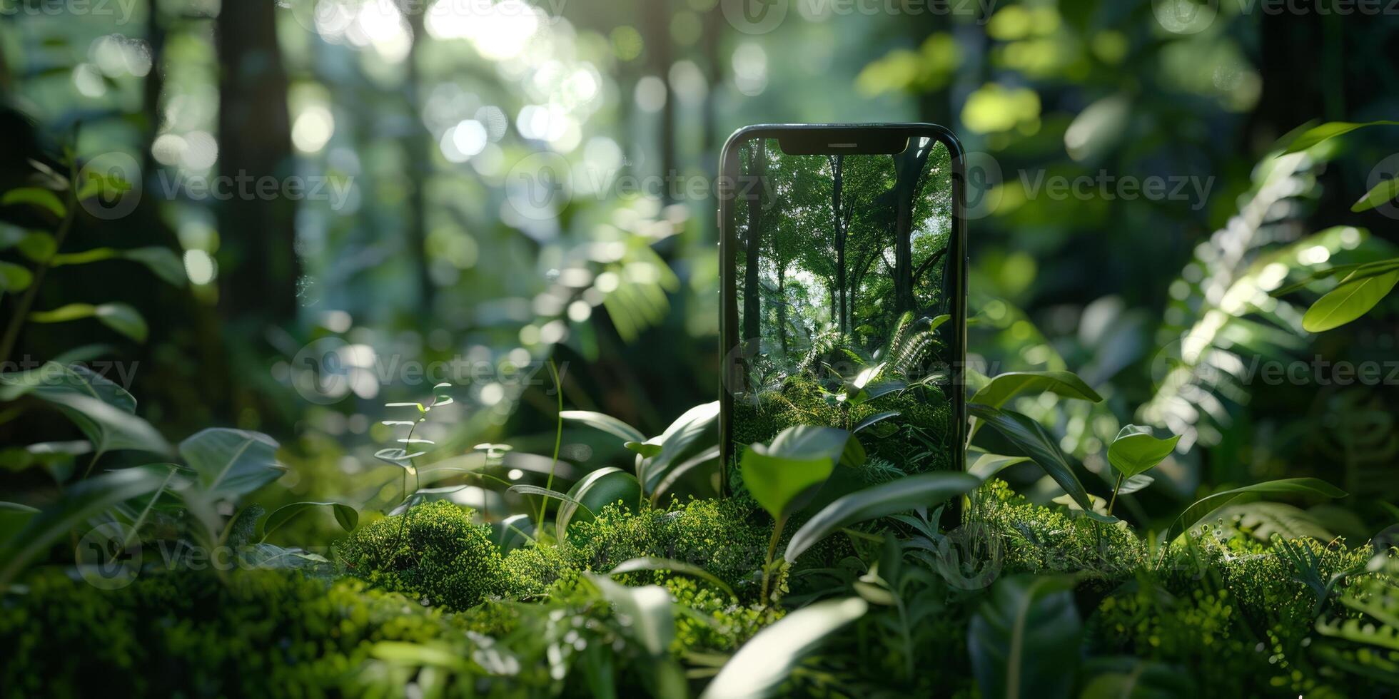 A smartphone is seamlessly integrated into a lush forest, symbolizing the harmonious meeting of technology and nature photo