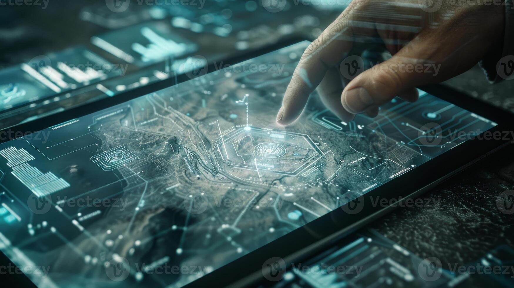 In a studio, an artist uses a graphic tablet for detailed map illustrations, showcasing craftsmanship and creativity photo