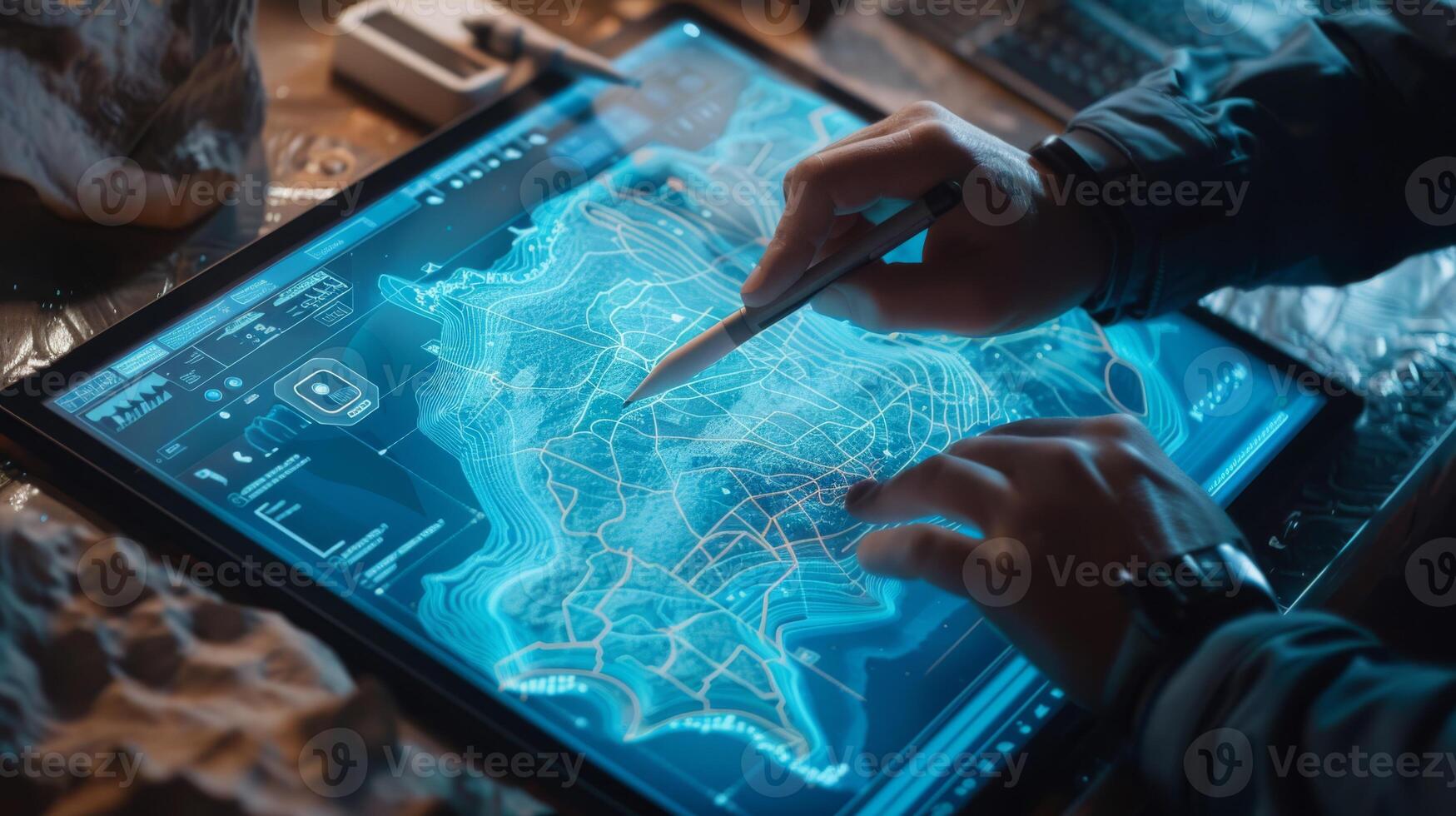 In a studio, an artist uses a graphic tablet for detailed map illustrations, showcasing craftsmanship and creativity photo