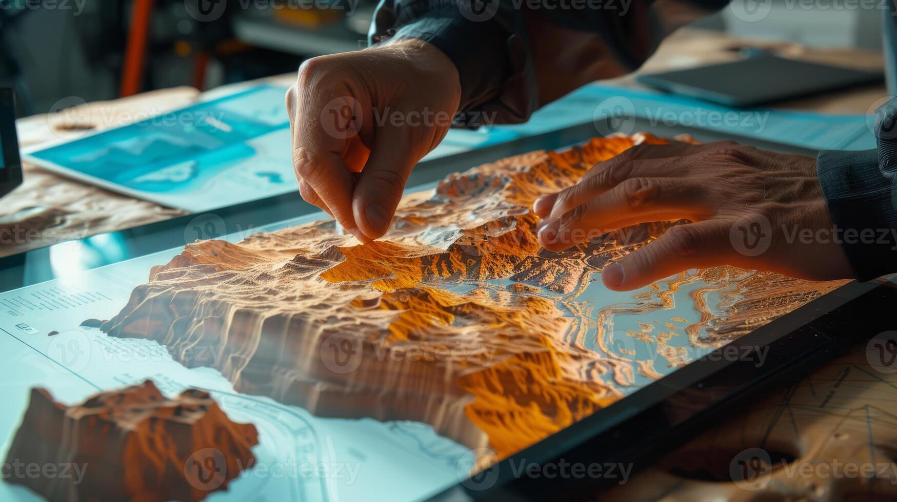 A detailed investigation of a 3D topographic map on a digital screen, where hands carefully examine the features photo