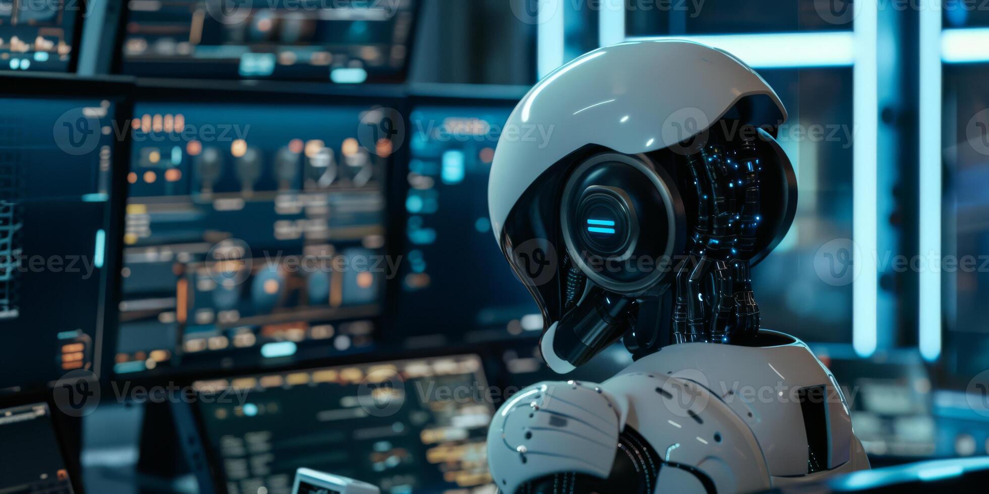 An artificial intelligence robot is displayed in an advanced control room, demonstrating computing and AI progress photo