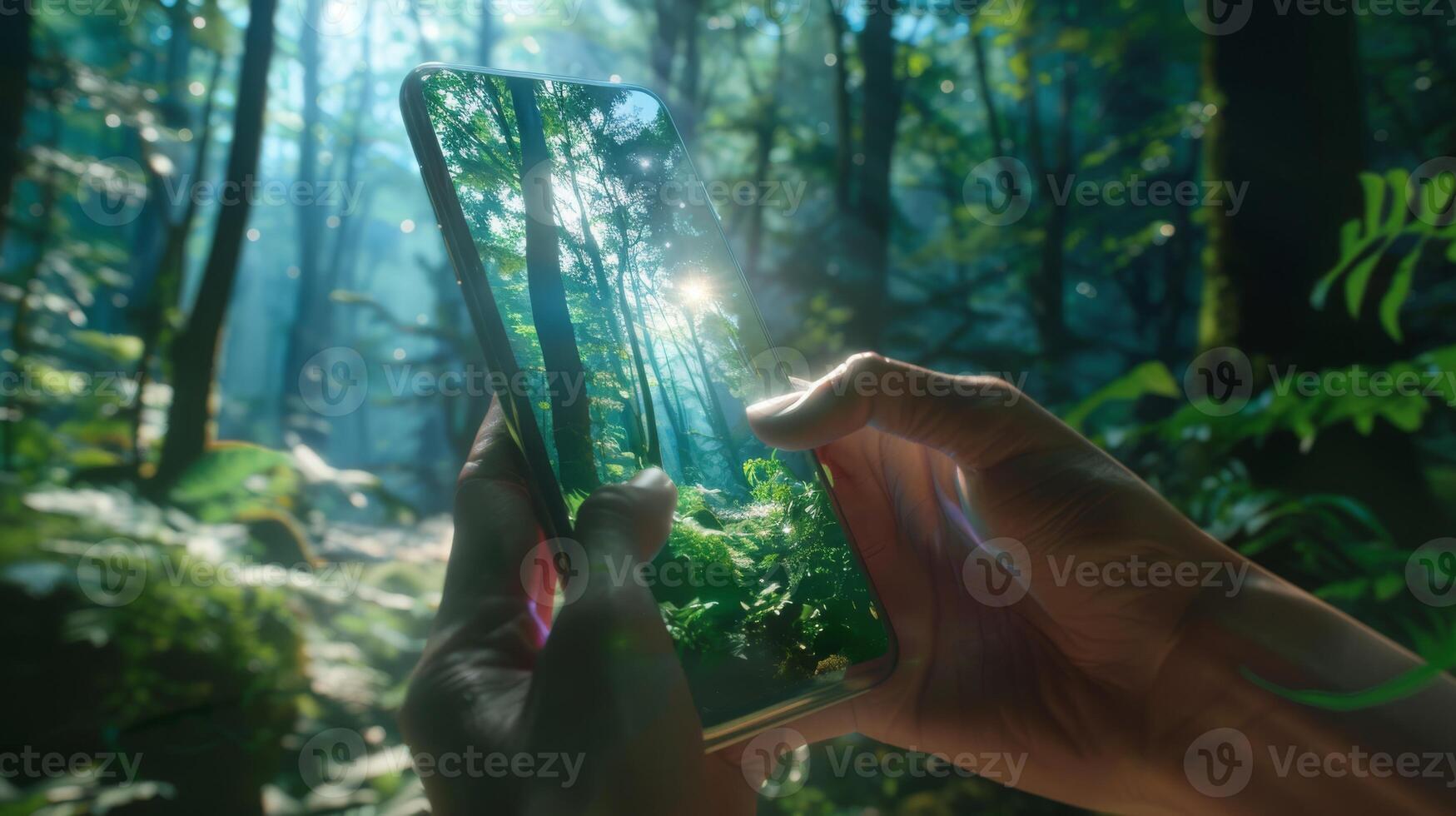 A person with a transparent smartphone in a lush forest with sunlight, showcasing harmony between nature and technology photo
