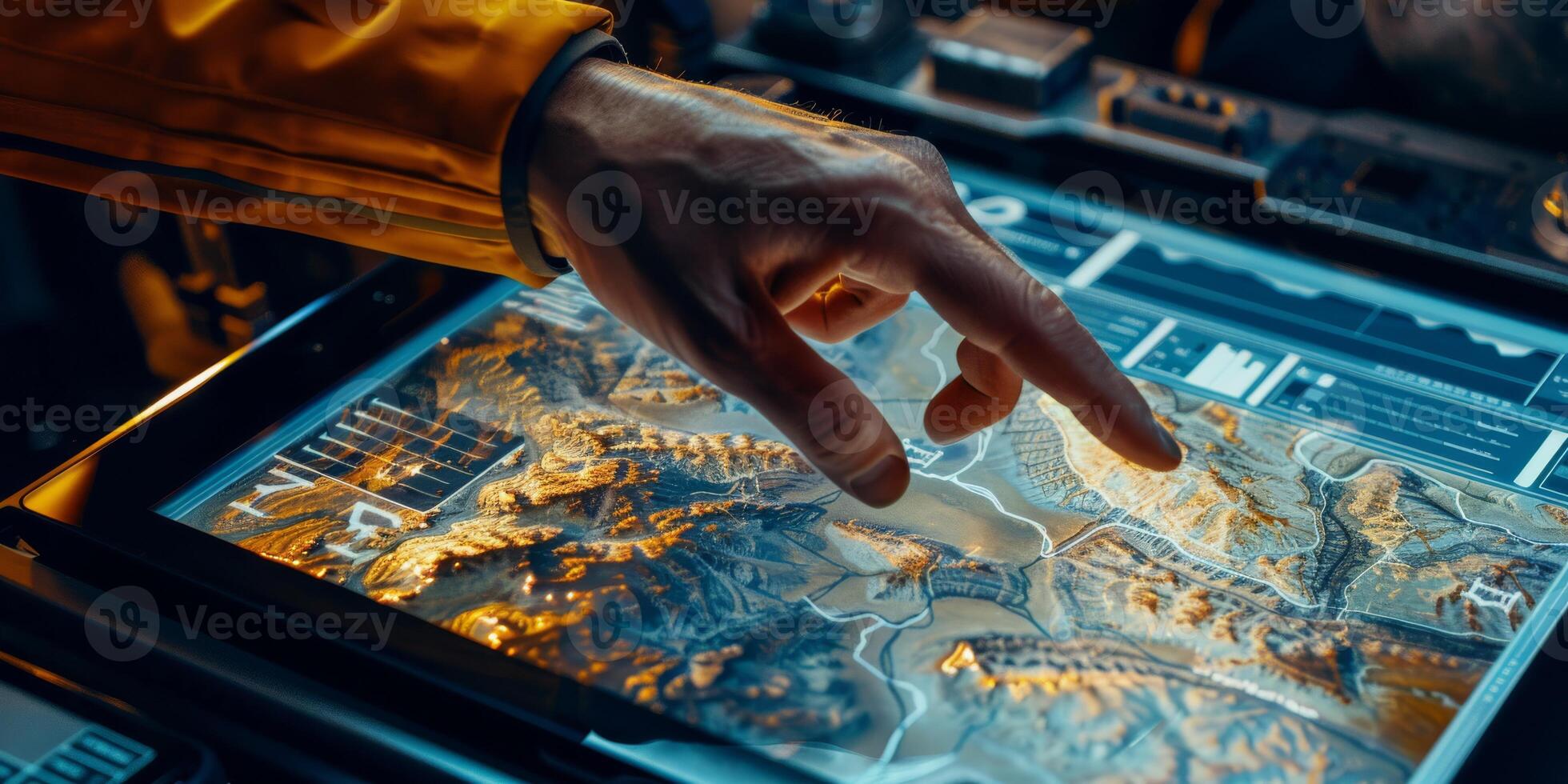Professional utilizing touchscreen for high-tech digital mapping and geographic data analysis in modern setting. photo