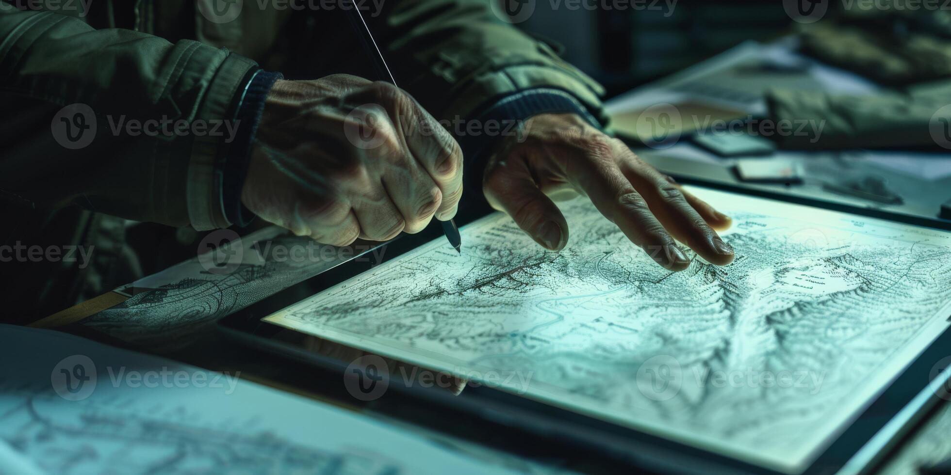 In a studio, an artist uses a graphic tablet for detailed map illustrations, showcasing craftsmanship and creativity photo