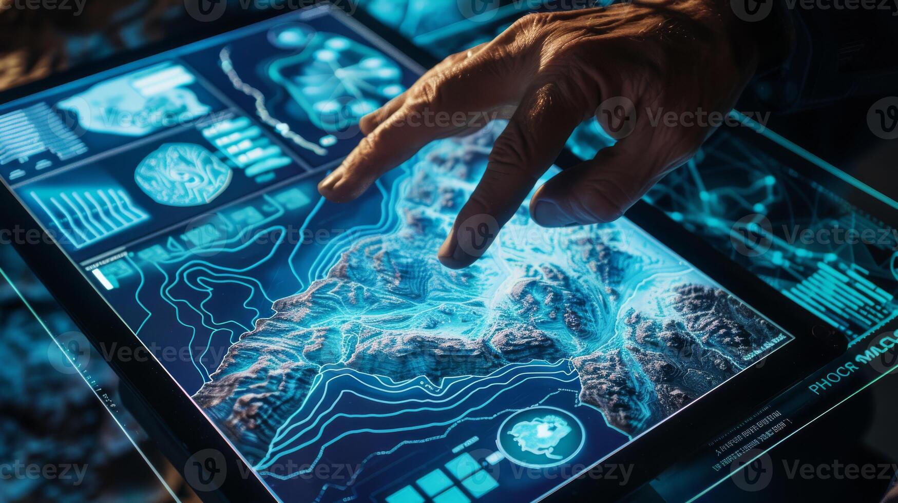 In a studio, an artist uses a graphic tablet for detailed map illustrations, showcasing craftsmanship and creativity photo