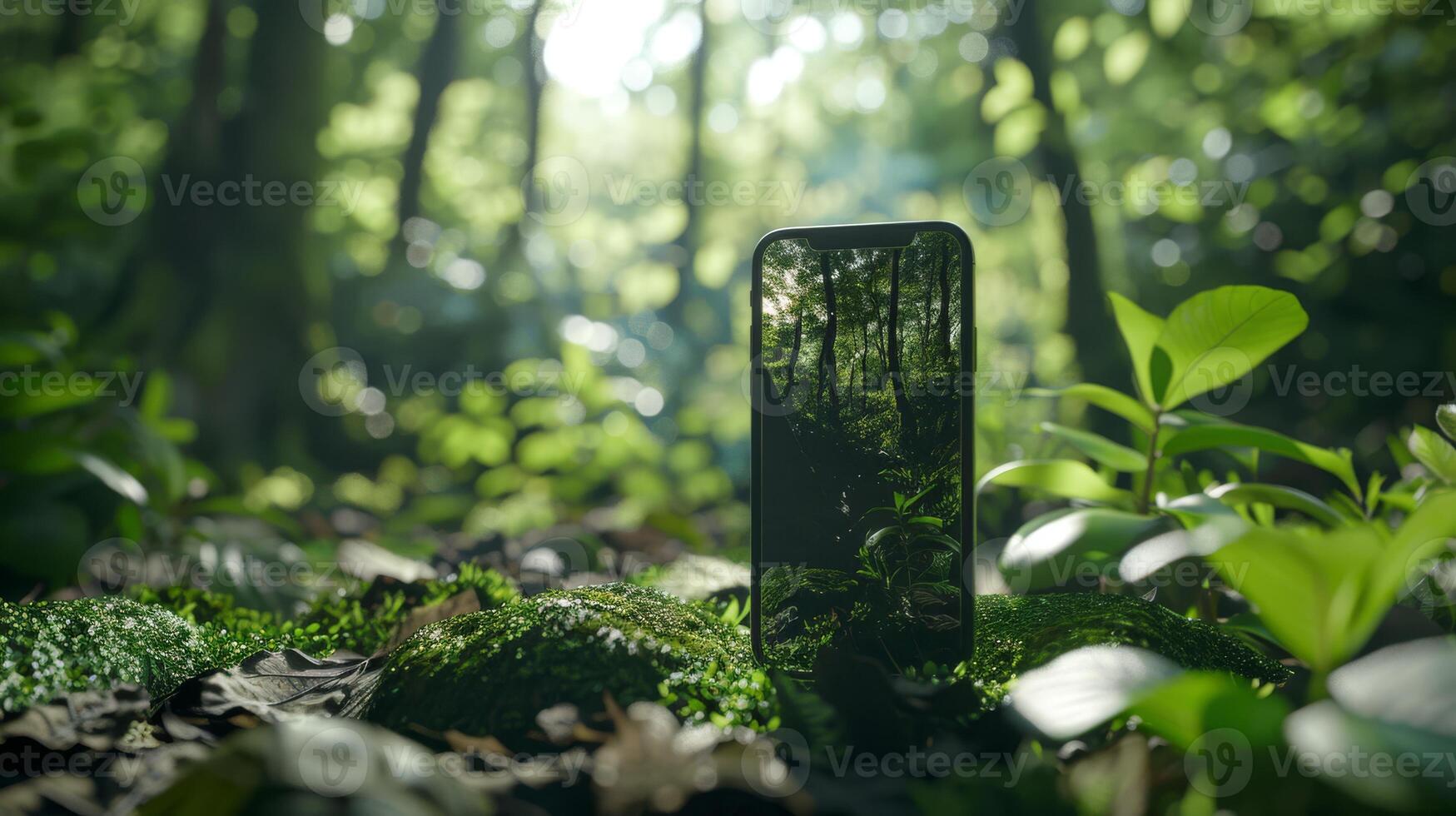 A smartphone is seamlessly integrated into a lush forest, symbolizing the harmonious meeting of technology and nature photo