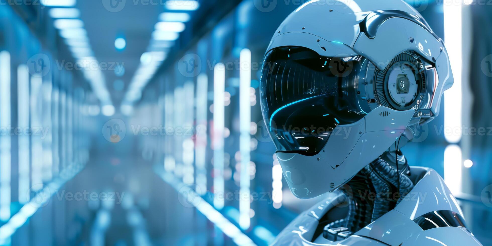 Robot in Sci fi tonnel. Concept of future. 3d rendering. photo