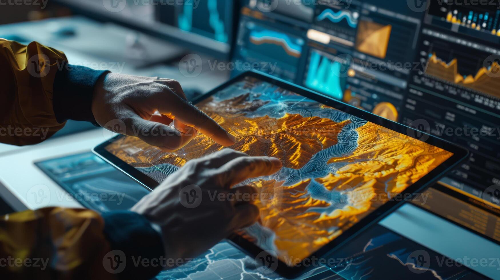 In a studio, an artist uses a graphic tablet for detailed map illustrations, showcasing craftsmanship and creativity photo