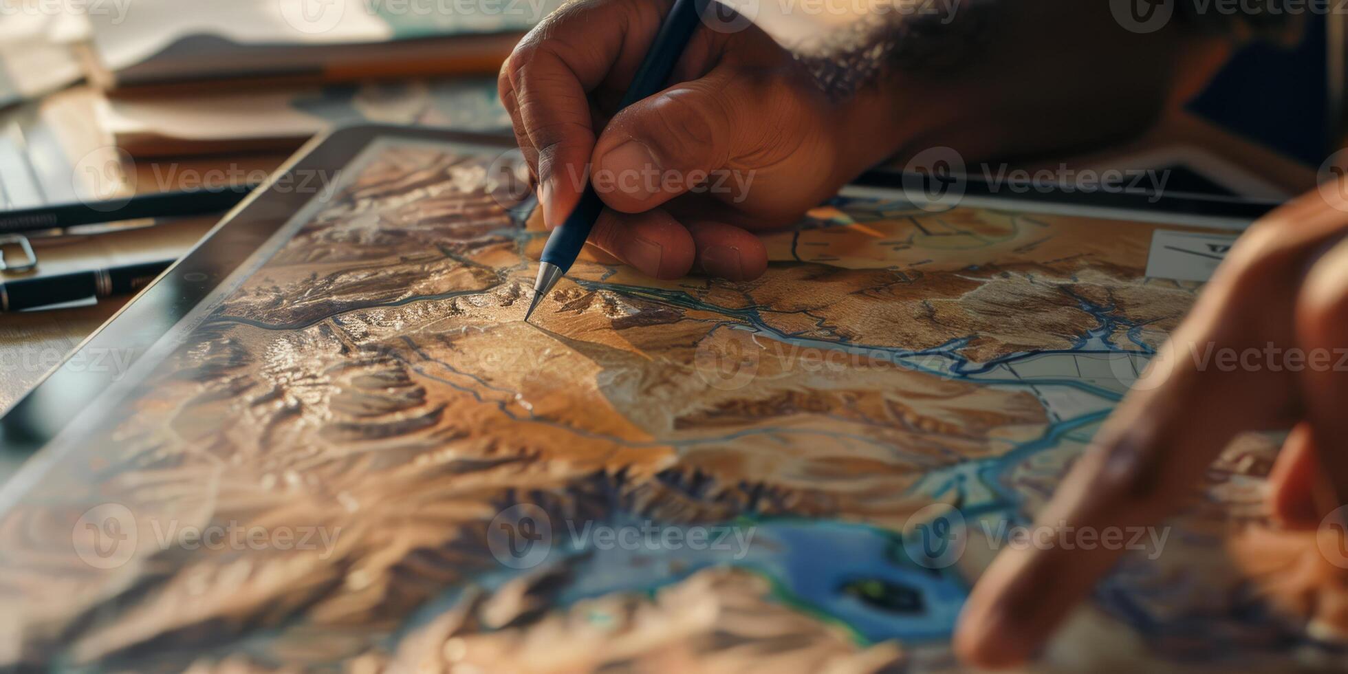 In a studio, an artist uses a graphic tablet for detailed map illustrations, showcasing craftsmanship and creativity photo