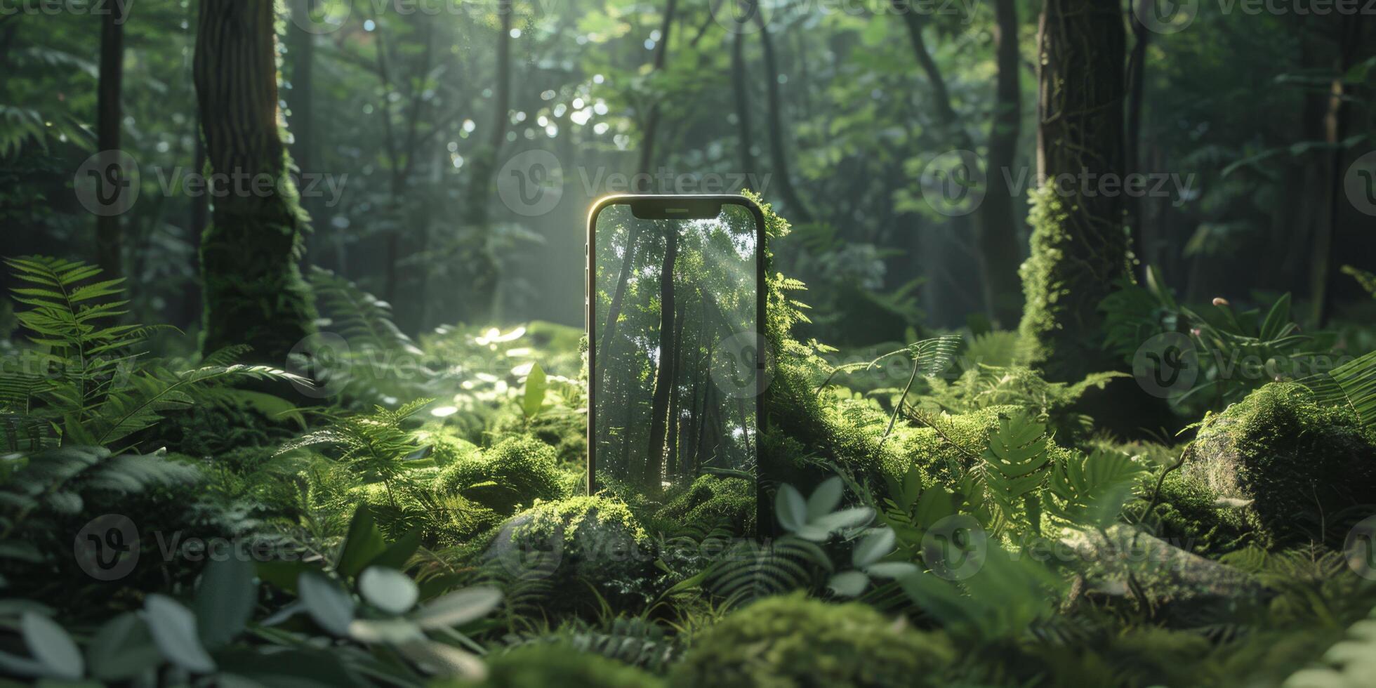 A smartphone is seamlessly integrated into a lush forest, symbolizing the harmonious meeting of technology and nature photo