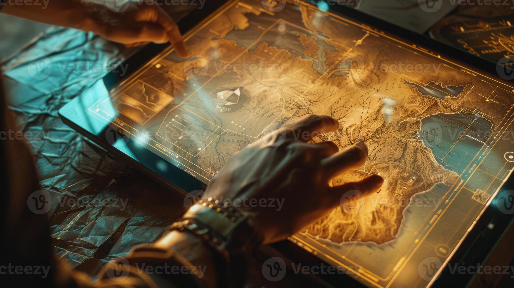 In a studio, an artist uses a graphic tablet for detailed map illustrations, showcasing craftsmanship and creativity photo