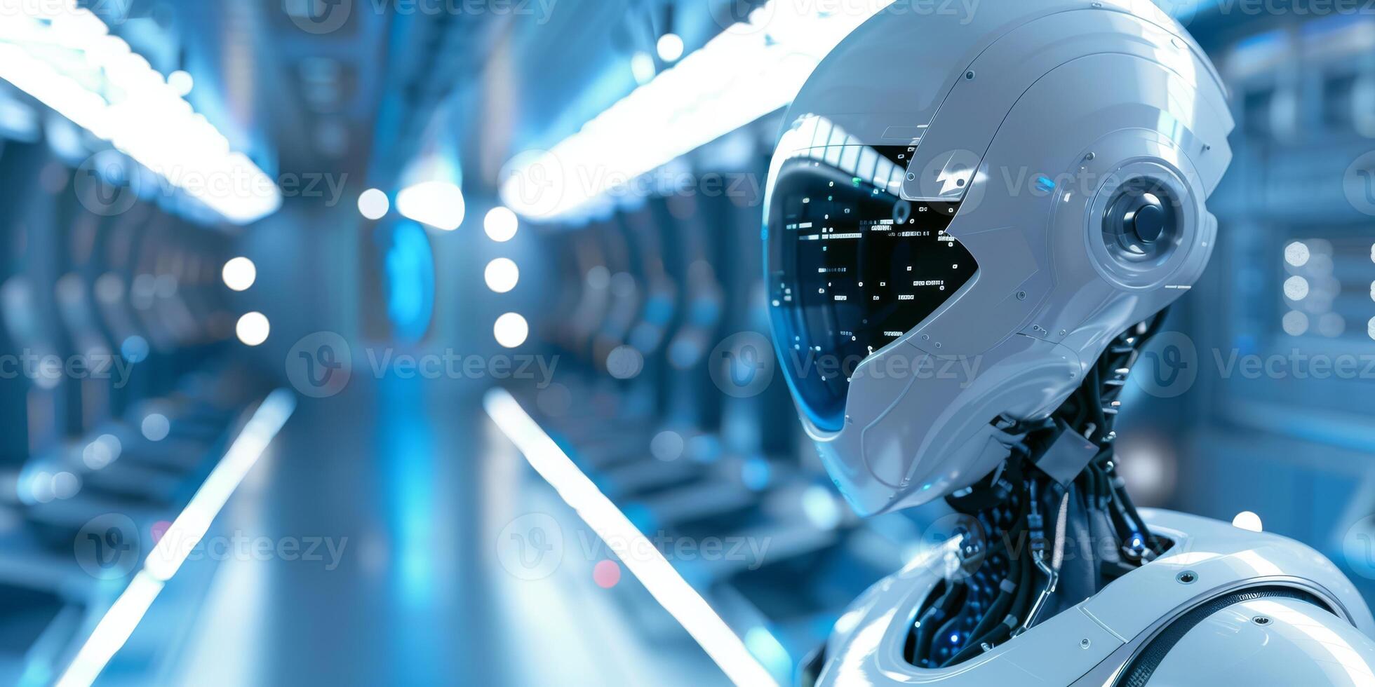 Robot in Sci fi tonnel. Concept of future. 3d rendering. photo