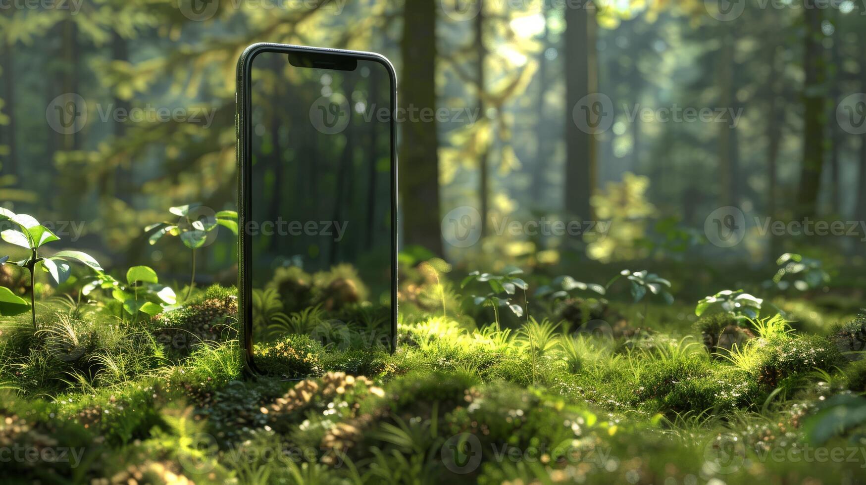 A smartphone is seamlessly integrated into a lush forest, symbolizing the harmonious meeting of technology and nature photo