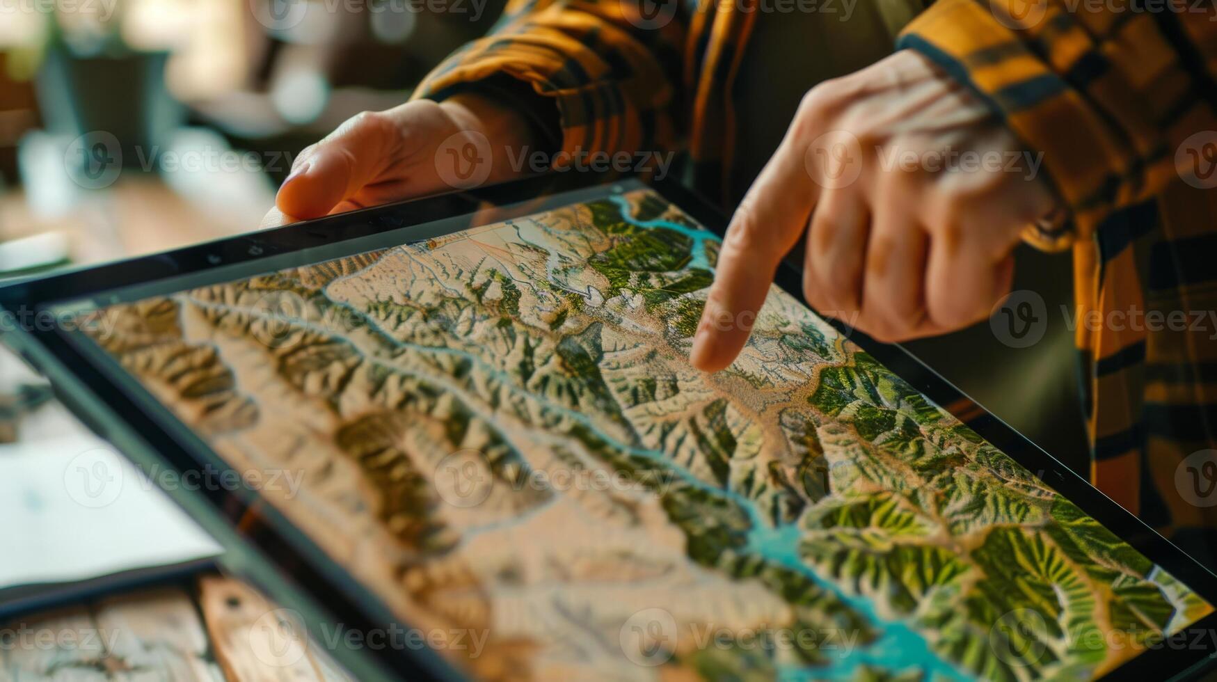 Close-up of individual examining terrain using a digital topographic map displayed on a tablet device. photo